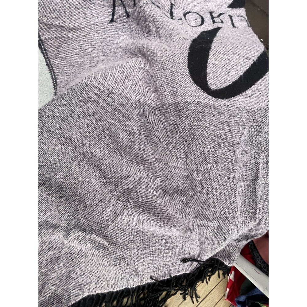 Victoria's Secret Reversible Fringe Throw Blanket Black Gray Heart Logo 47"x44"